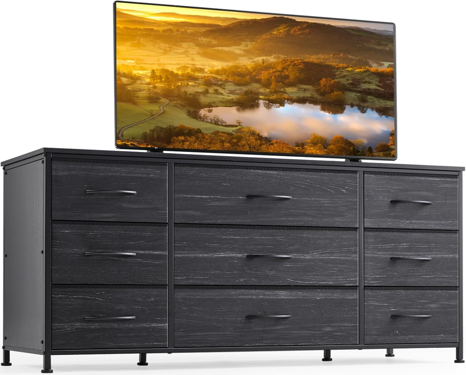 Dresser, Dresser for Bedroom with 9 Drawers, Wide Dresser TV Stand for 55” TV Stand for Bedroom Dresser Long Dressers & Chests of Drawers, Metal Frame&Wood Top, Closet, Hallway, Charcoal Black ShipItFurniture