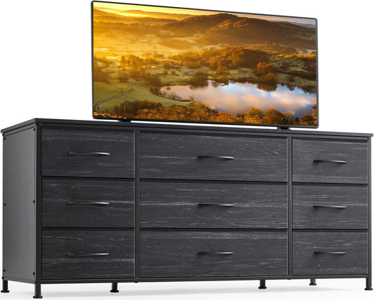 Dresser, Dresser for Bedroom with 9 Drawers, Wide Dresser TV Stand for 55” TV Stand for Bedroom Dresser Long Dressers & Chests of Drawers, Metal Frame&Wood Top, Closet, Hallway, Charcoal Black ShipItFurniture