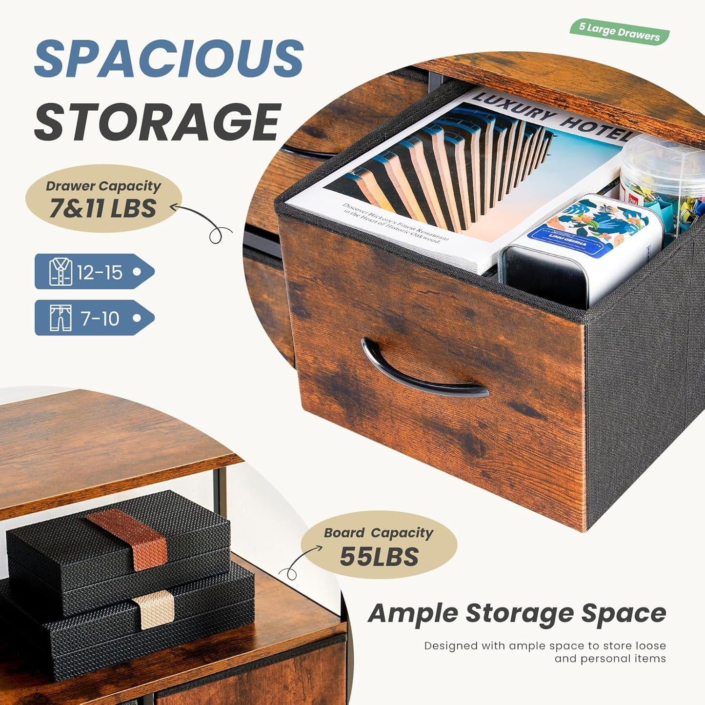 TV Stand Dresser With 5 Fabric Drawers For 45 Inch TV Brown