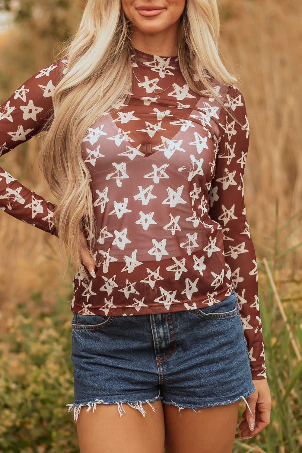 Alexandra Mesh Star Sheath Long Sleeve Top Threaded Pear