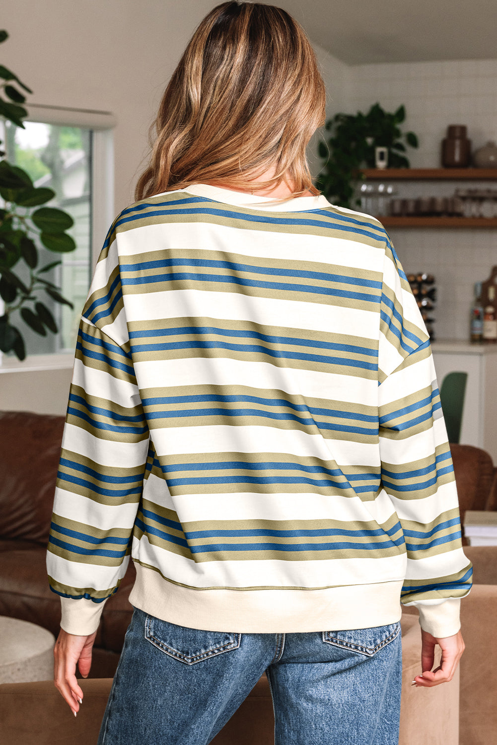 Rose Stripe Crew Neck Pullover Sweatshirt Threaded Pear