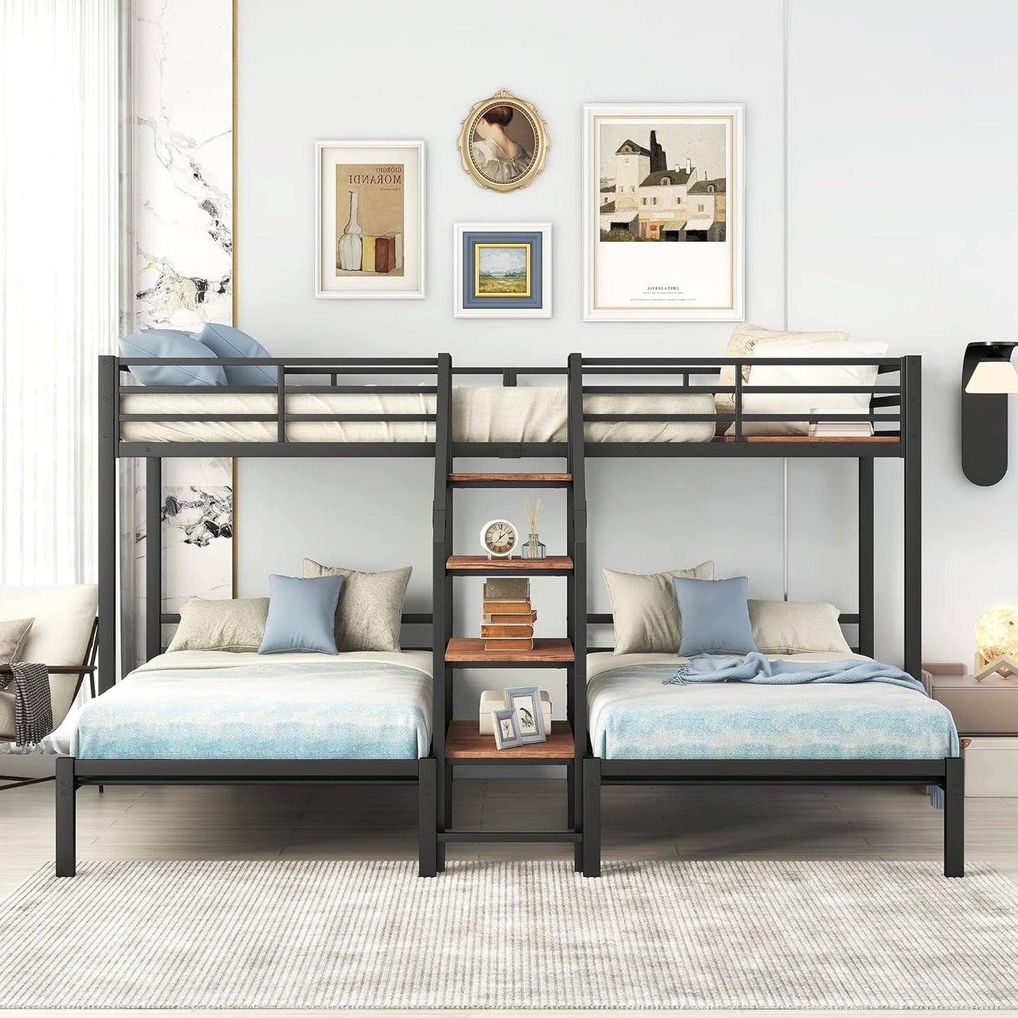 Metal Triple Bunk Bed with Stairs, 3 Beds Bunk Bed, Twin over Twin & Twin Bunk Bed with Storage Shelves Staircase, for Kids Teens Adults, Black ShipItFurniture