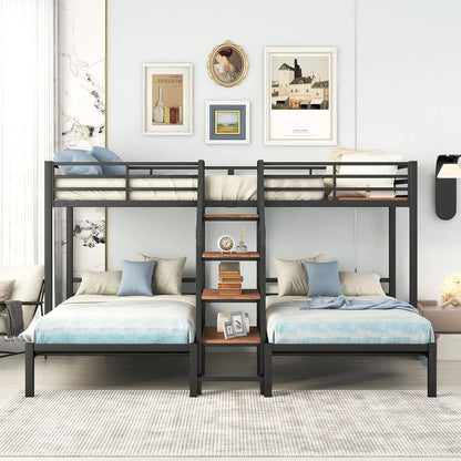 Metal Triple Bunk Bed with Stairs, 3 Beds Bunk Bed, Twin over Twin & Twin Bunk Bed with Storage Shelves Staircase, for Kids Teens Adults, Black ShipItFurniture