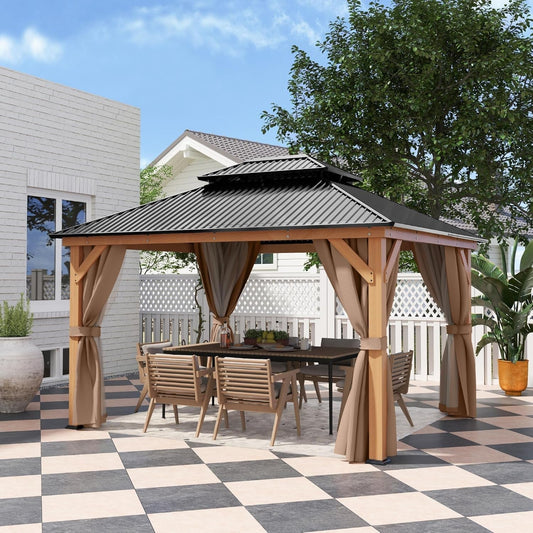 11X13 Wood Gazebo, Outdoor Hardtop Gazebo with Netting and Curtains, Double Galvanized Steel Roof, Deck Hard Top Gazebo for Backyard, Patio (Brown) ShipItFurniture
