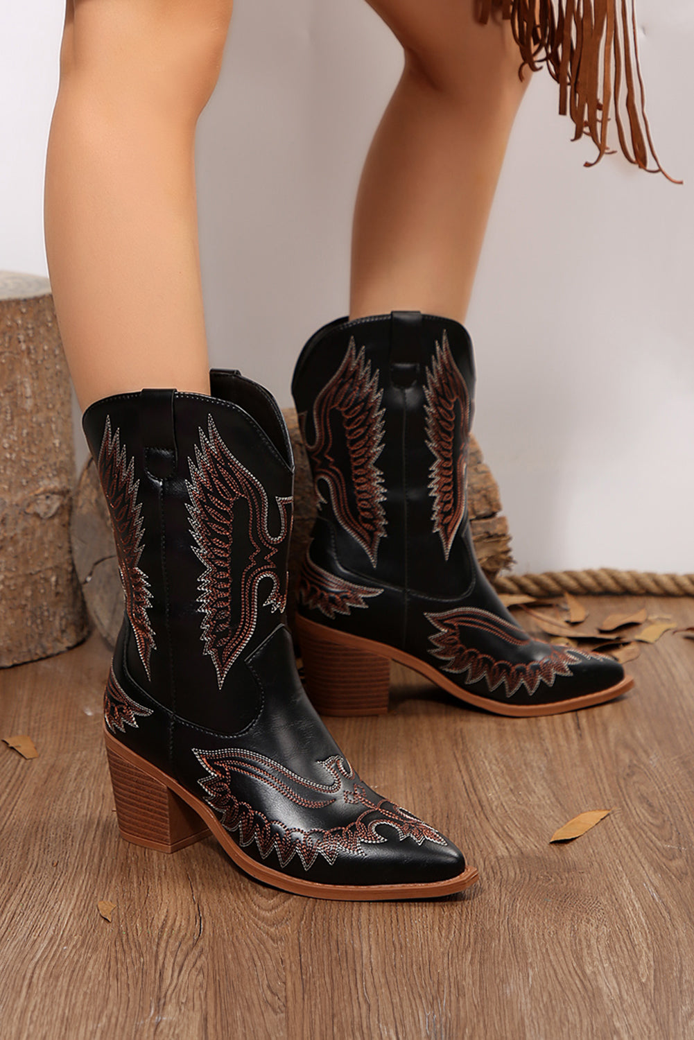 Mackenzie Western Eagle Embroidered Faux Leather Boots Threaded Pear