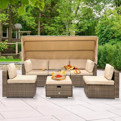 Outdoor Patio Wicker Daybed Set with Canopy Cushions-0