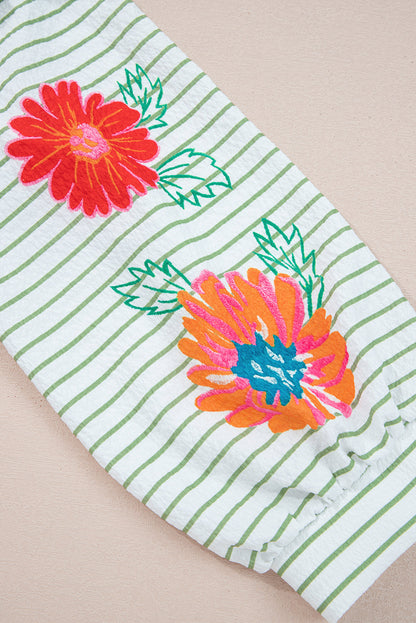 Ashley Stripe Flower Puff Sleeve V Neck Babydoll Blouse