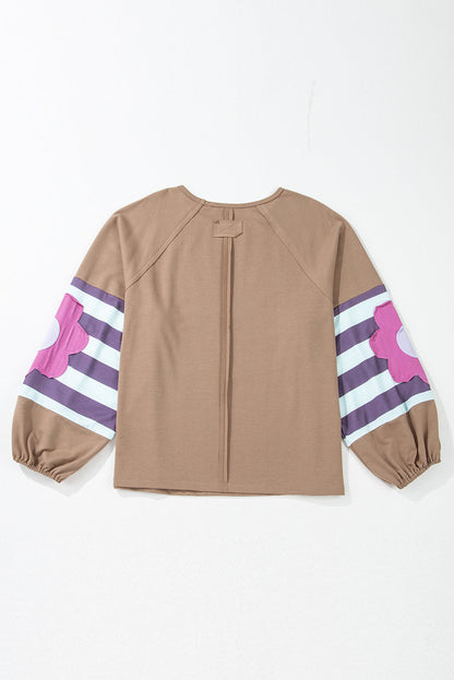 Light French Beige Flower Striped Patchwork Puff Sleeve Loose PLUS Sweatshirt