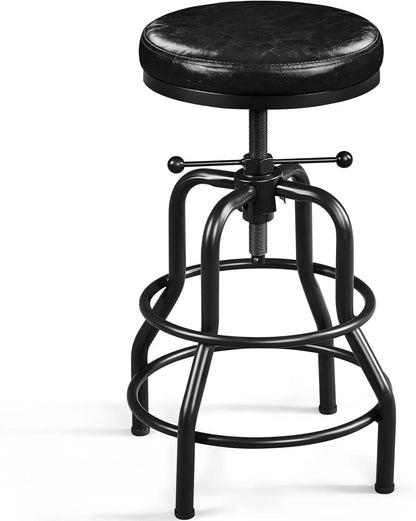 Industrial Bar Stools Vintage Counter Height Bar Stool with round Faux Leather Seat Metal Stool Adjustable Kitchen Stool 21.5-28 Inch Tall Black, 1PCS-0