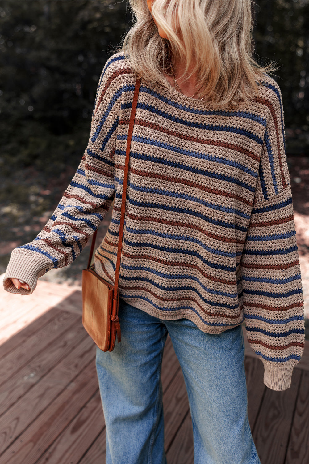 Emery Striped Knitted Drop Shoulder Round Neck Sweater Threaded Pear