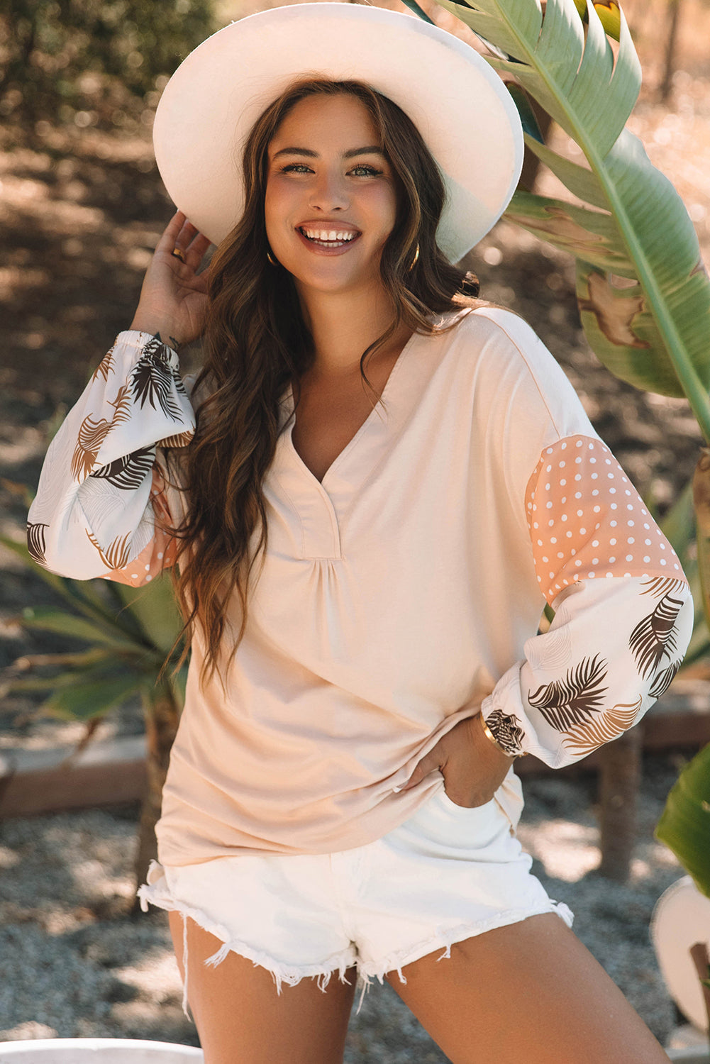 Alora Palm Leaves Polka Dot Loose Blouse Threaded Pear