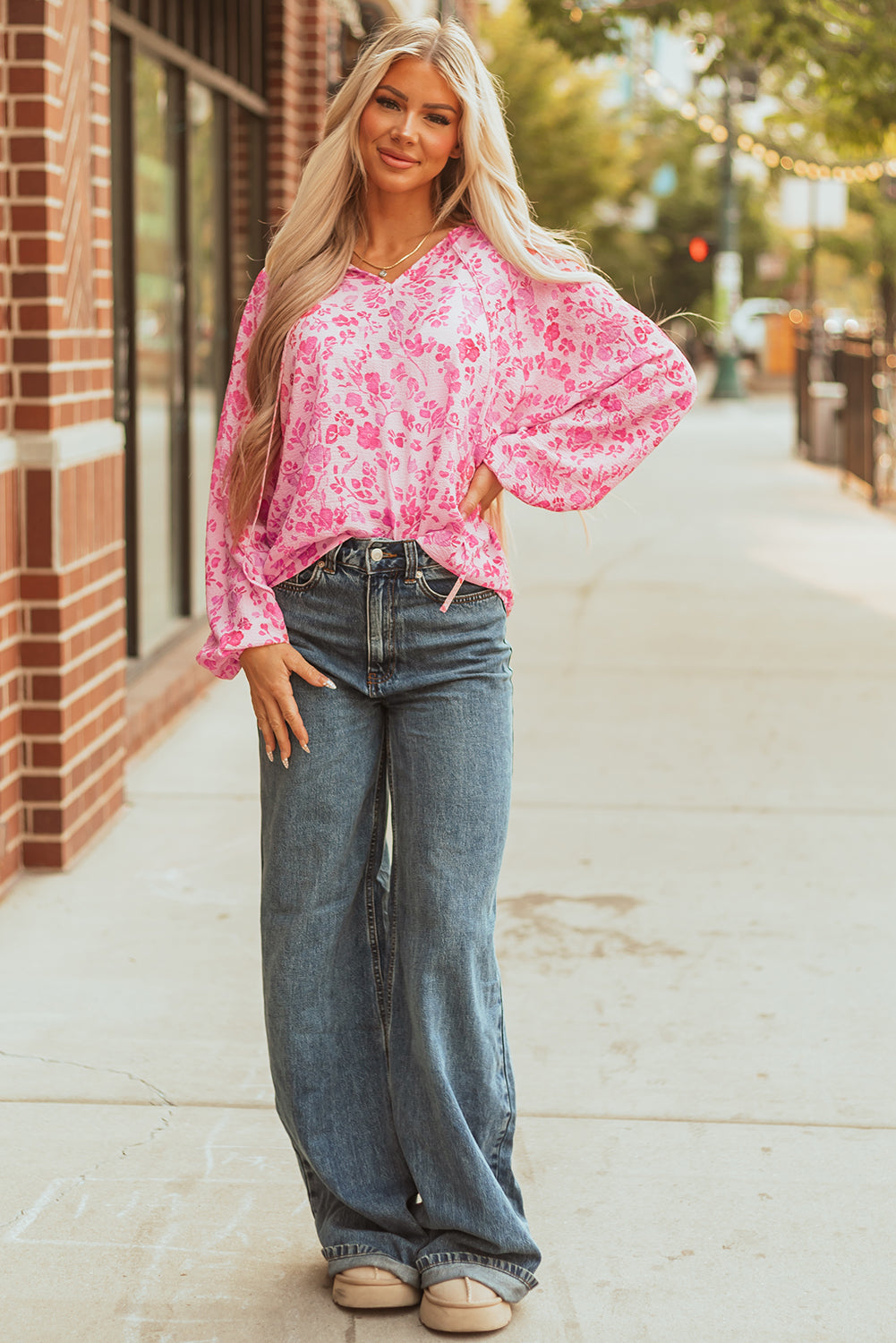 Adalyn Floral Puff Sleeve Lightweight Blouse Threaded Pear