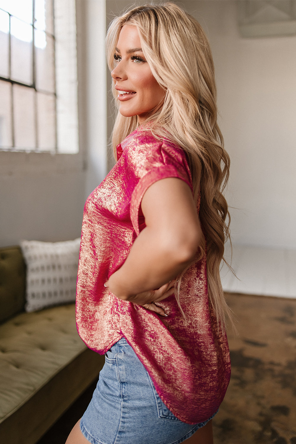 Amoura Metallic Sheen Buttoned Top