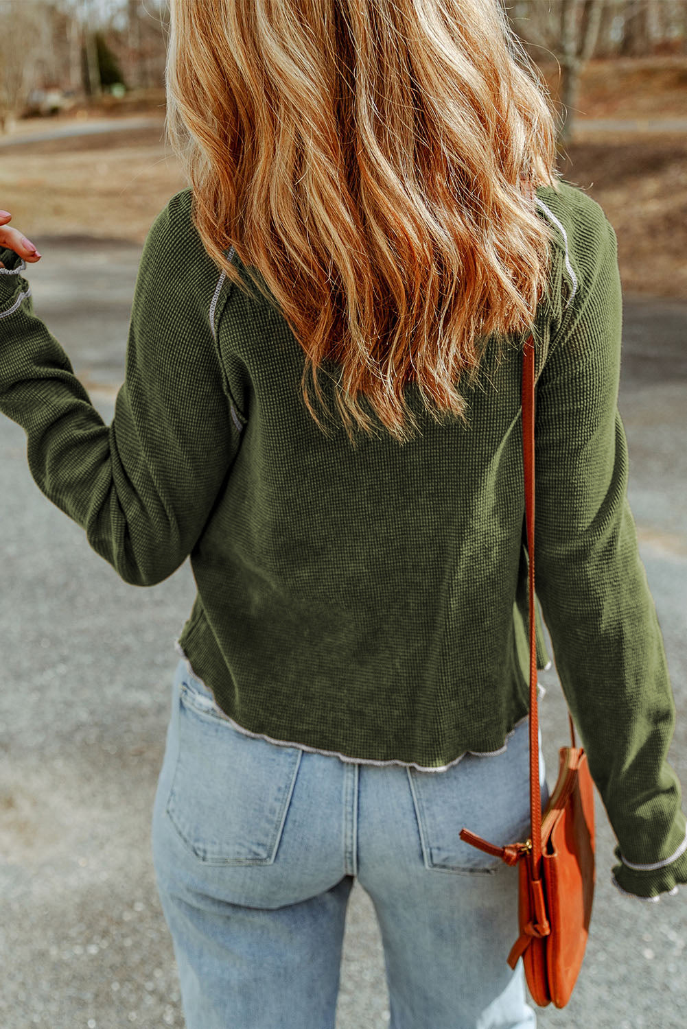 Daisy Textured Round Neck Long Sleeve Top Threaded Pear