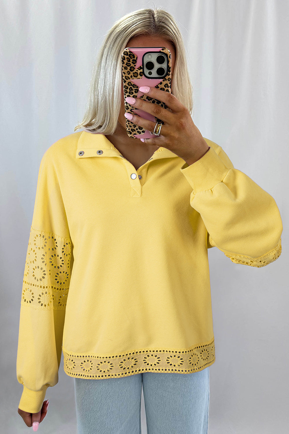 Evangeline Embroidered Flower Buttons Pullover Sweatshirt Threaded Pear