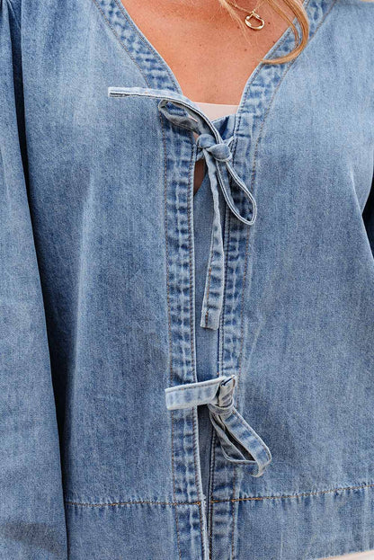 Oakley Tied Front Long Puff Sleeve Denim Top