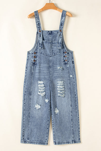Baylor Distressed Bib Pocket Wide Leg Denim Overall