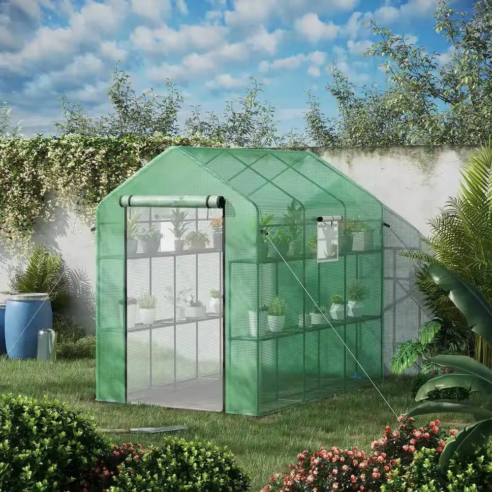 7 ft x 4.7 ft Oudoor Greenhouse with Steel Frame and Green PE Cover - Get it from Bo