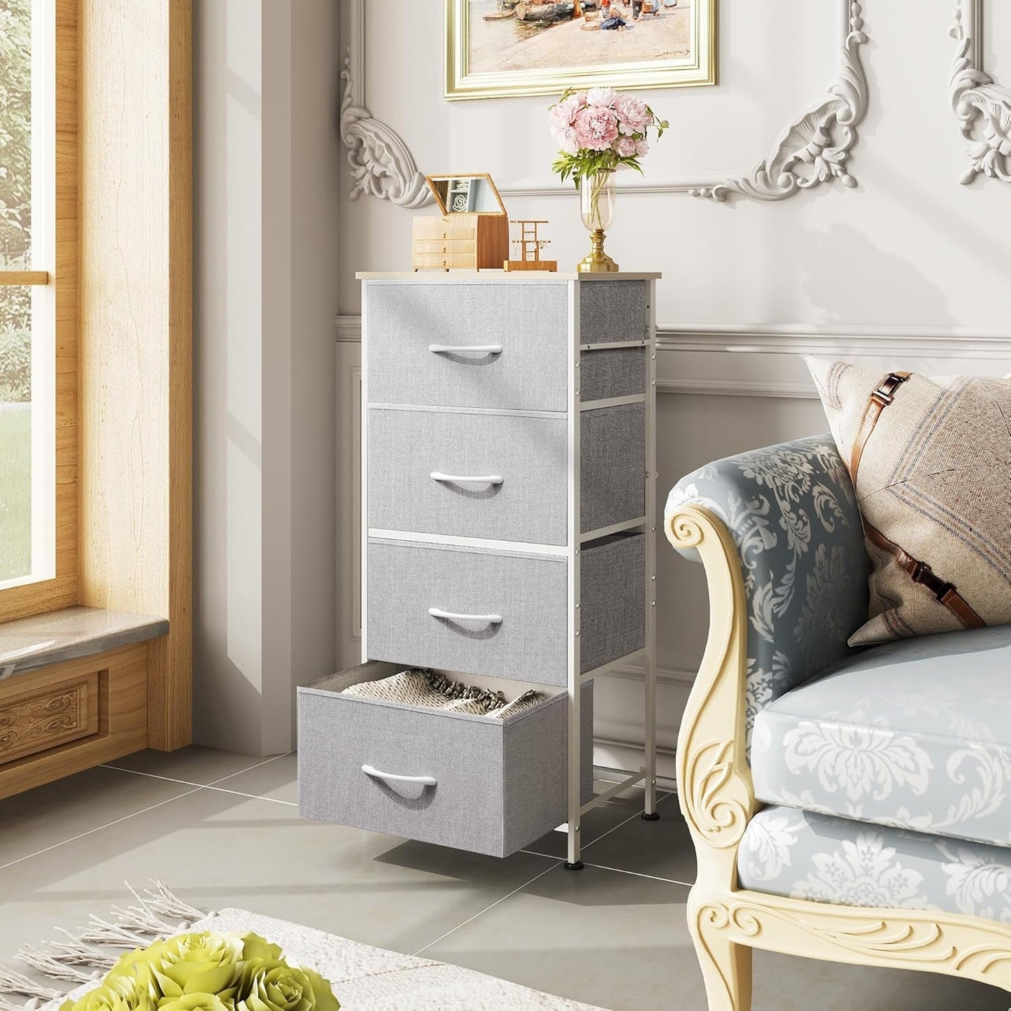 Light Grey Fabric 4 Drawer Dresser With Wood Top Storage ShipItFurniture