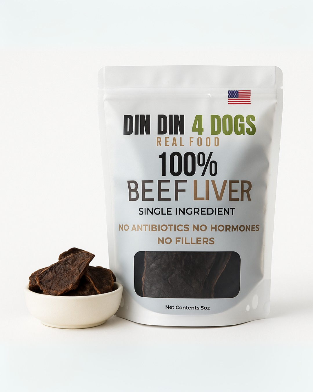 100% Beef Liver Dog Treats, 5 Ounce Bag, Single Ingredient, High Protein Din Din 4 Dogs