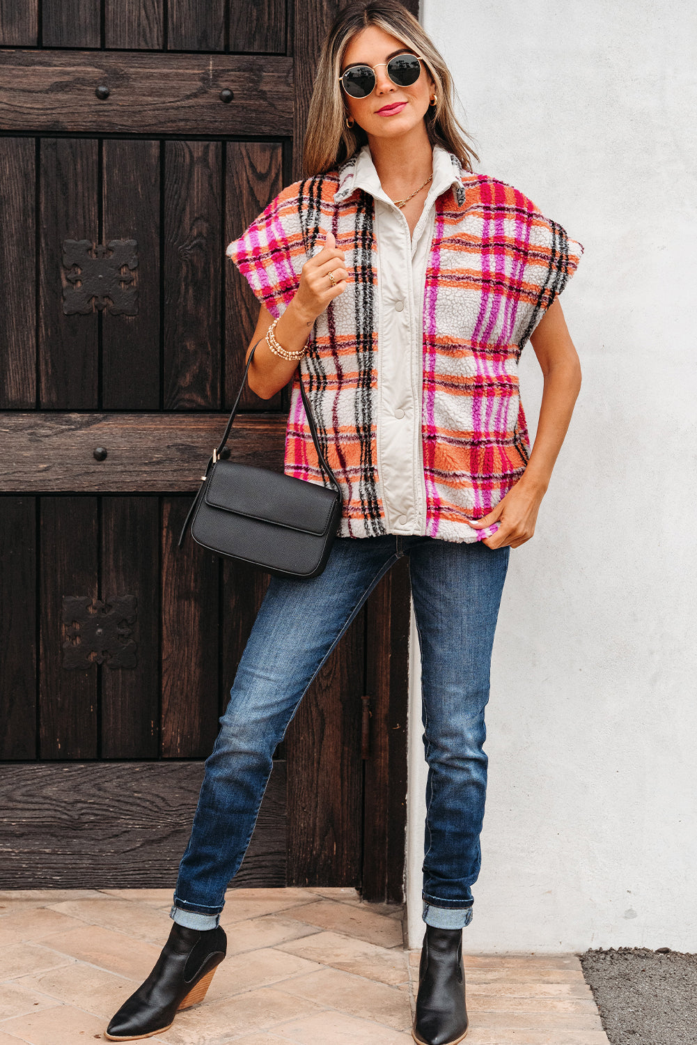 Molly Sherpa Plaid Jacket Vest Threaded Pear