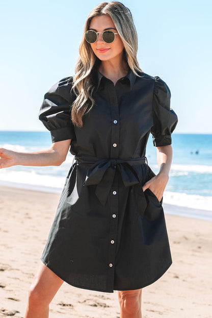 Malaya Button Up Tie Waist Puff Sleeve Mini Dress