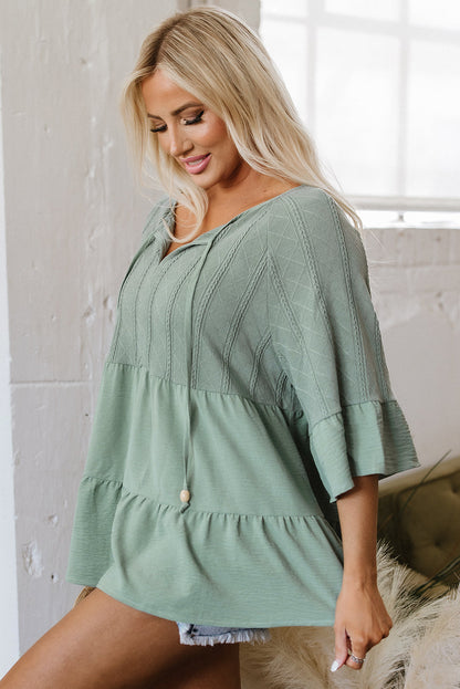 Ensley Tie Split Neck Textured Ruffle Patchwork Blouse