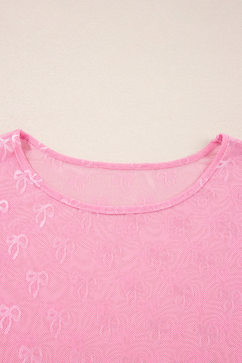 Pink Plus Size Bow Embroidered Mesh Long Sleeve Top