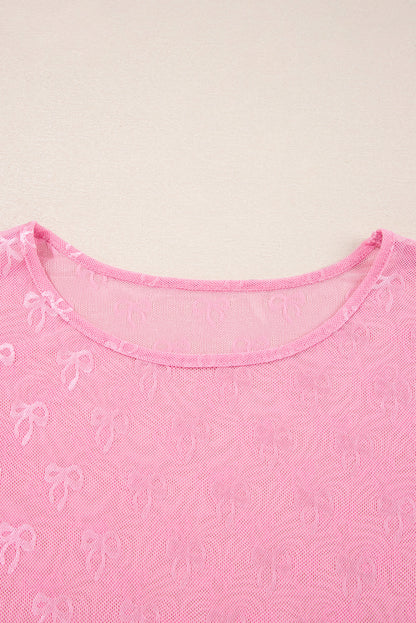 Pink Plus Size Bow Embroidered Mesh Long Sleeve Top