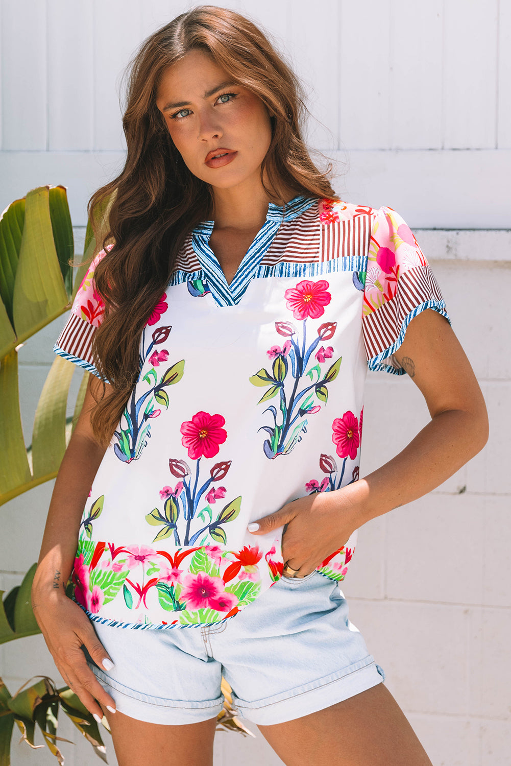 Maya Floral Striped Split Neck Blouse