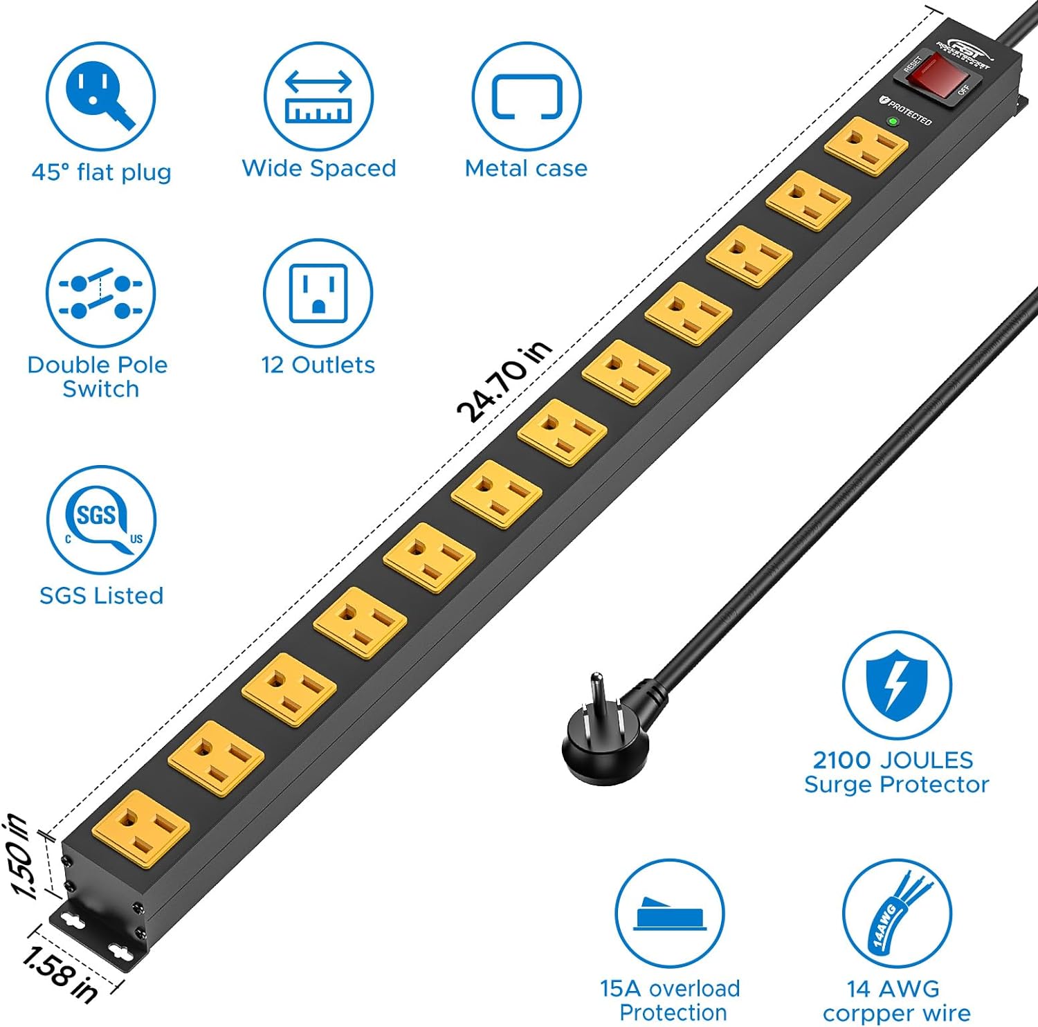CRST 12 Outlets 2100 Joules Heavy Duty Metal Power Strip Surge Protector, 6FT Extension Power Cord, 15A Circuit Breaker, Mountable - Get it from Bo