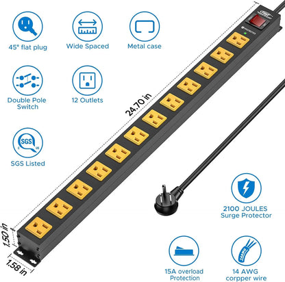 CRST 12 Outlets 2100 Joules Heavy Duty Metal Power Strip Surge Protector, 6FT Extension Power Cord, 15A Circuit Breaker, Mountable - Get it from Bo