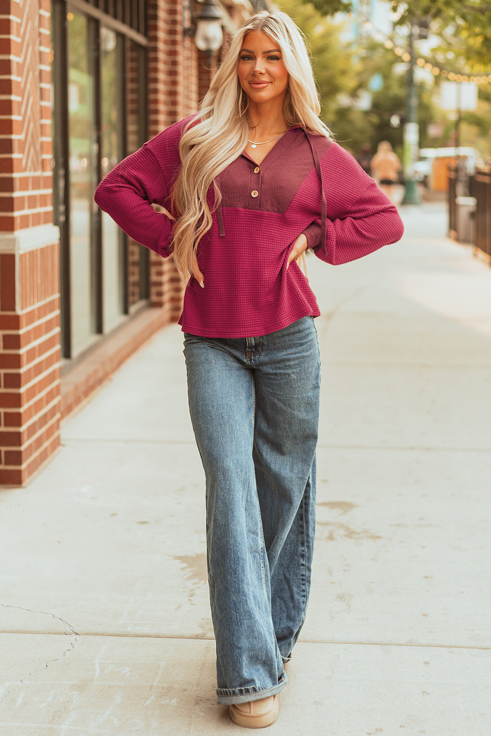 River Waffle Hooded Long Sleeve Top Threaded Pear