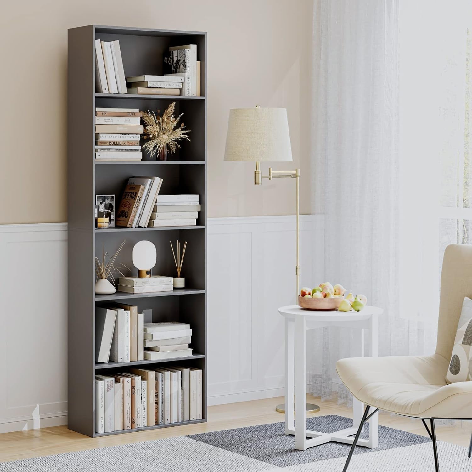 Six Tier Open Bookcase Freestanding Dark Gray Storage ShipItFurniture