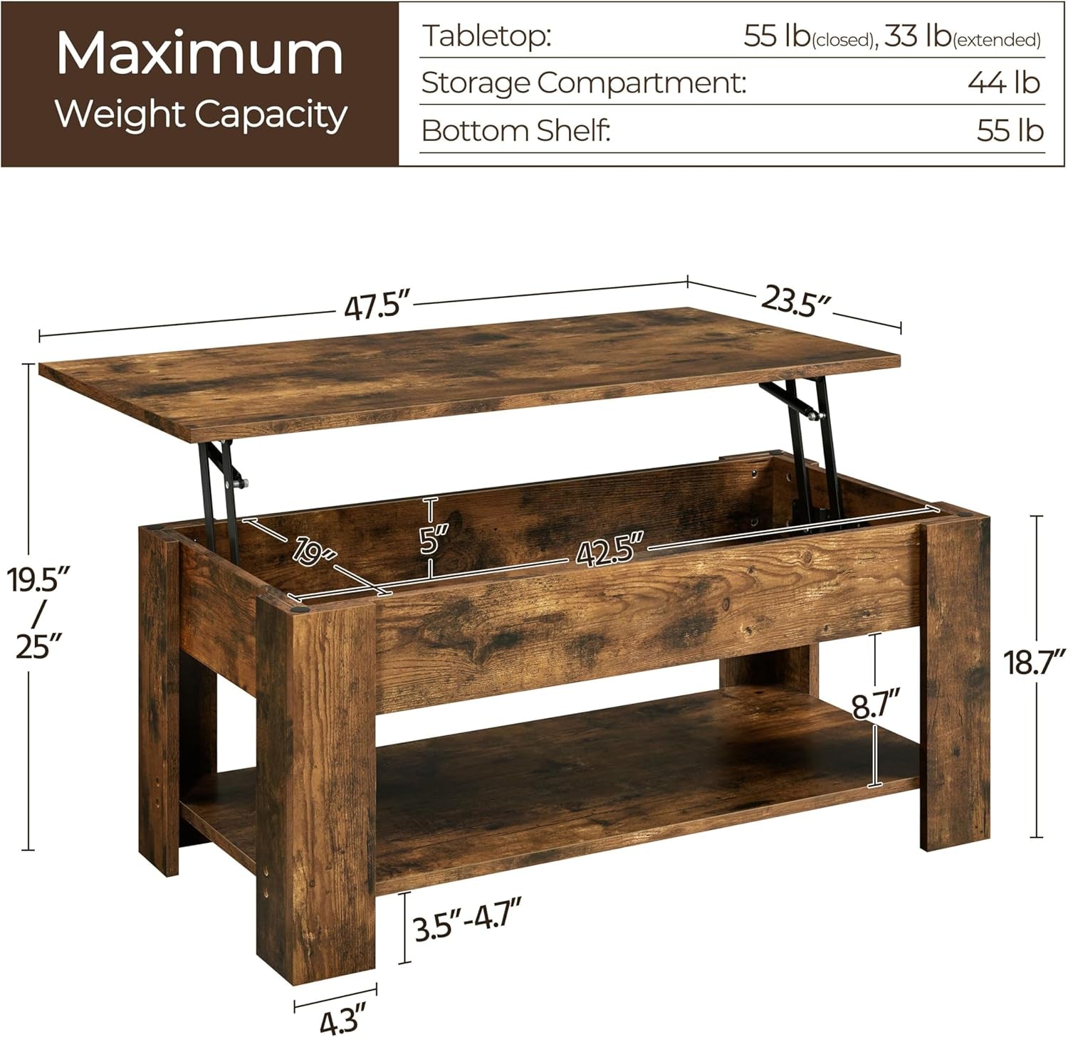 Coffee Table 47.5 Inch Lift Top With Hidden Compartment Rustic Brown ShipItFurniture