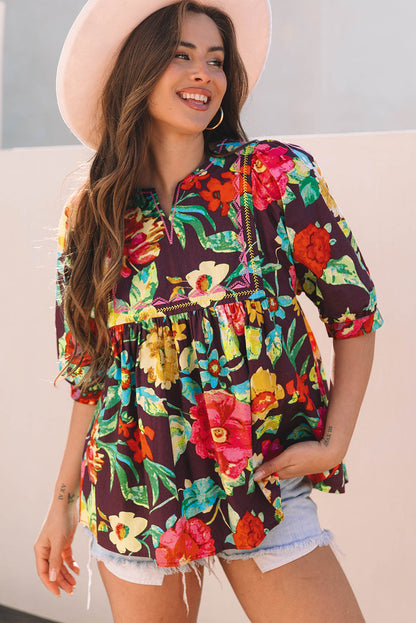 Adhara Flower Embroidered Trim Half Sleeve Blouse