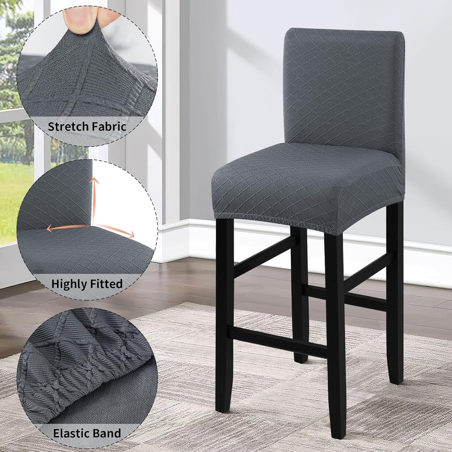 Waterproof Bar Stool Covers 4 PCS, Stretch Pub Stool Chair Slipcover Counter Stool Cover Bar Stool Slipcovers with Backs Removable Washable for Kitchen, Dining Room (Grey, 4PCS) ShipItFurniture