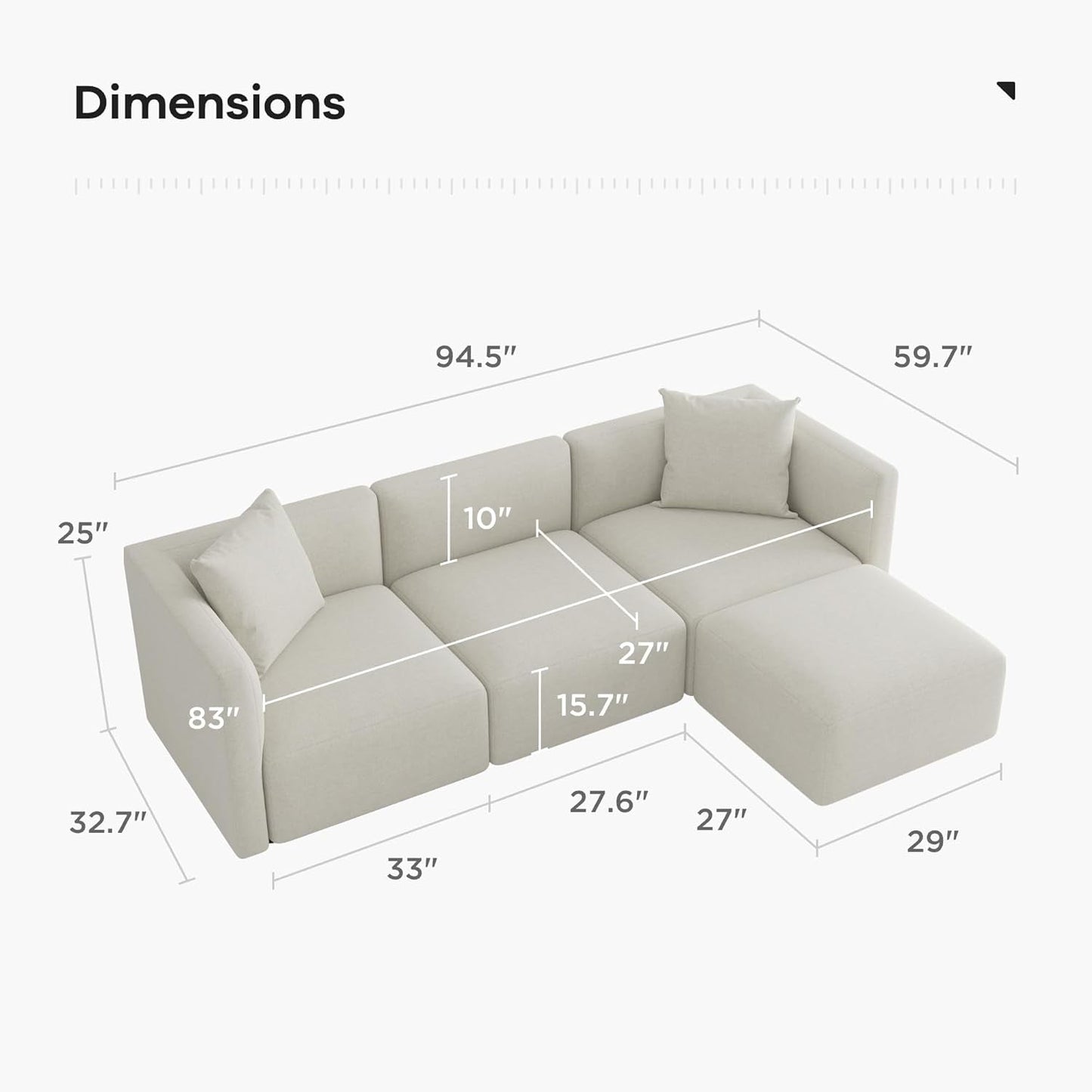 L Shaped Convertible Modular Sectional Sofa Cream Chaise ShipItFurniture
