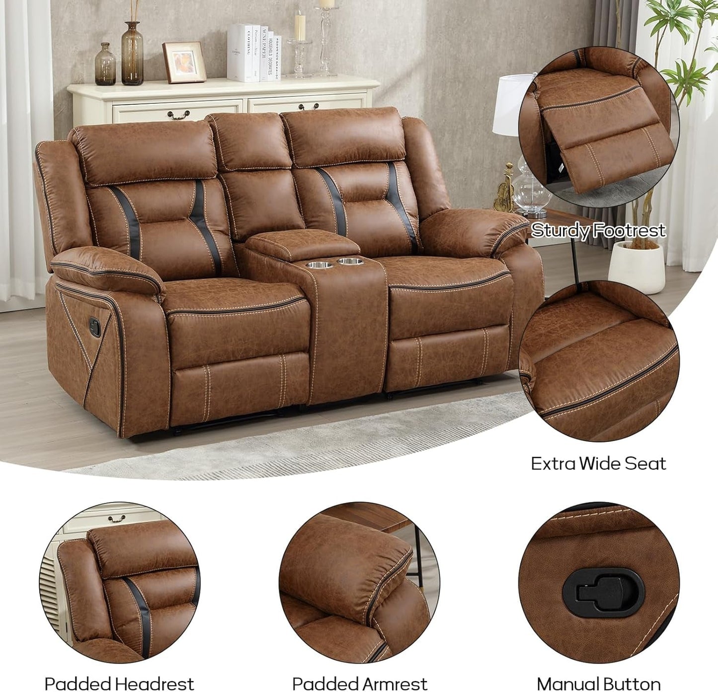 Brown Faux Leather Loveseat Dual Recliners Center Console ShipItFurniture