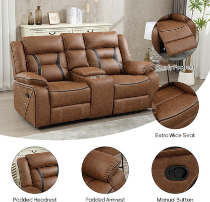 Brown Faux Leather Loveseat Dual Recliners Center Console ShipItFurniture