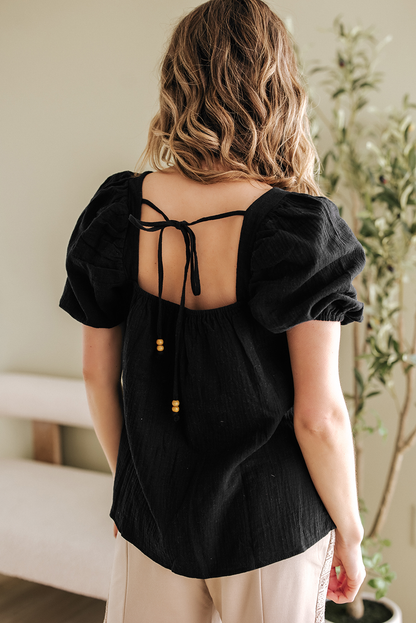 DAVINA CROCHET SQUARE NECK TEXTURED SHORT SLEEVE BLOUSE