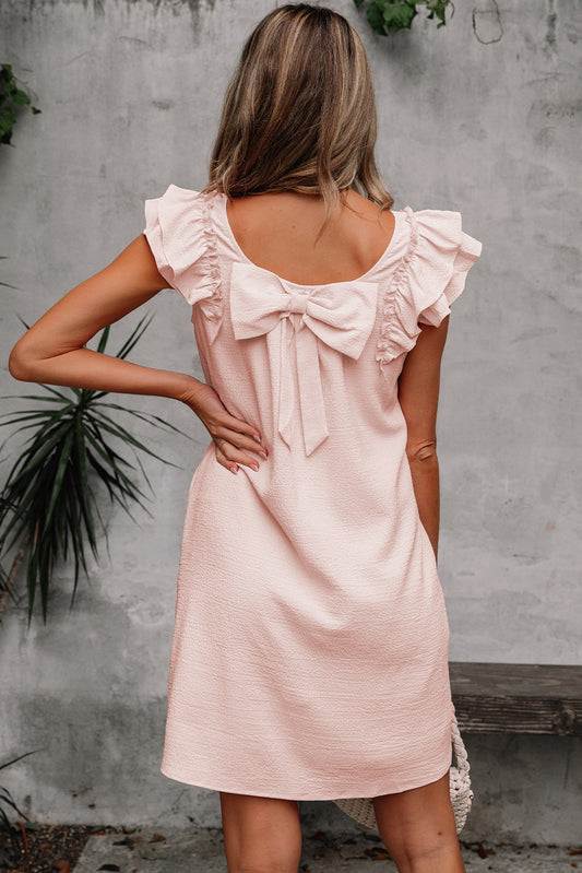 Abigail Textured Flutter Sleeve Bow Back Mini Dress Threaded Pear