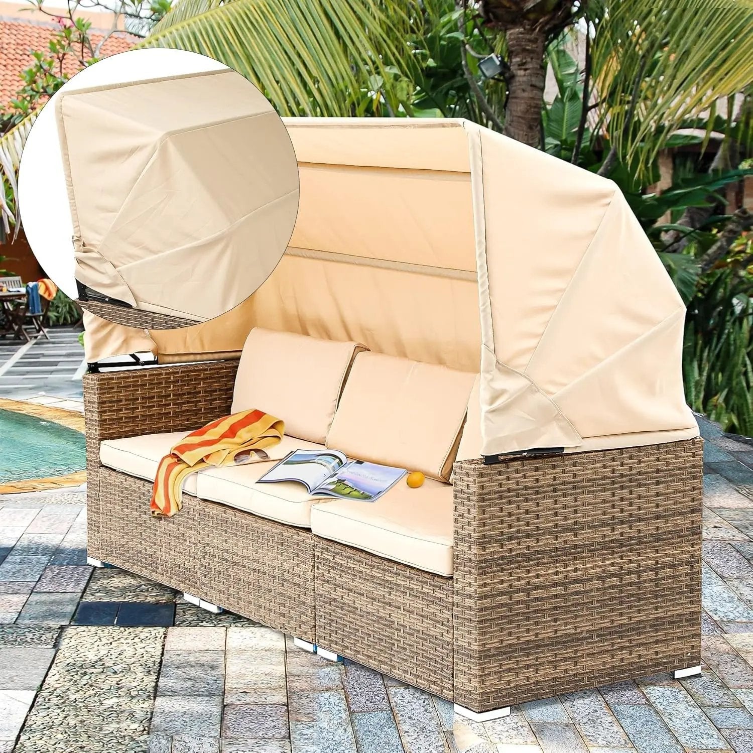 Outdoor Patio Wicker Daybed Set with Canopy Cushions-4