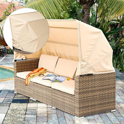 Outdoor Patio Wicker Daybed Set with Canopy Cushions-4