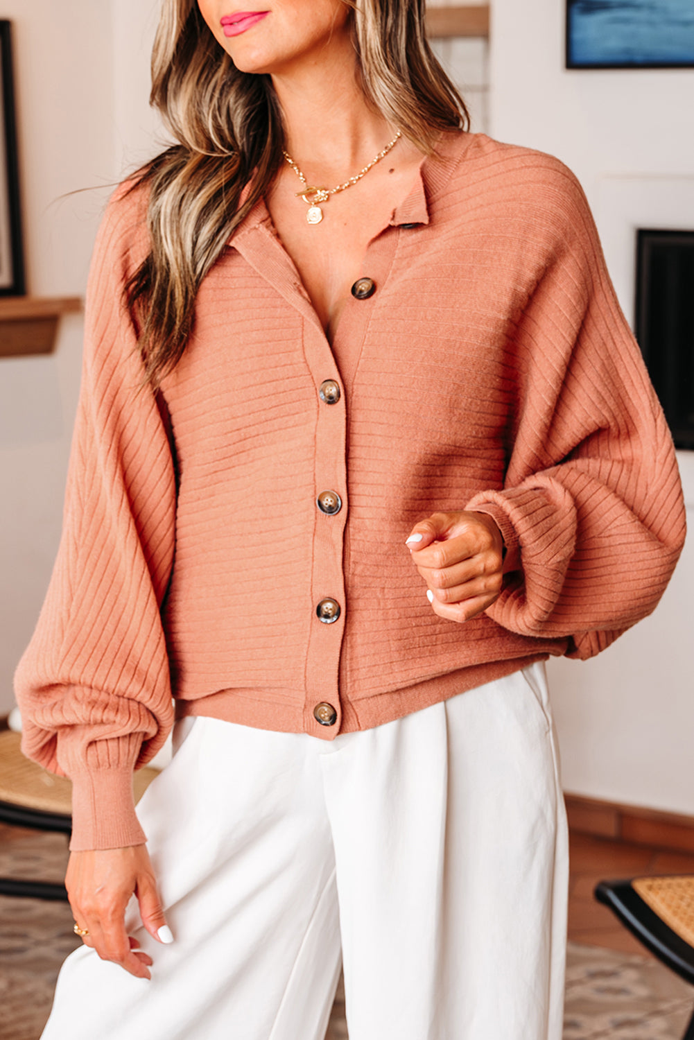 Parker Button Front Dolman Sleeve Sweater Cardigan Threaded Pear