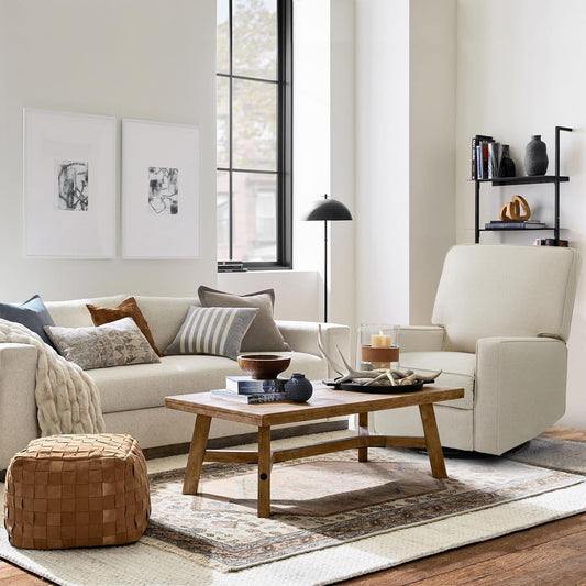 Beige Fabric Swivel Rocker Recliner Armchair DeepSeat ShipItFurniture