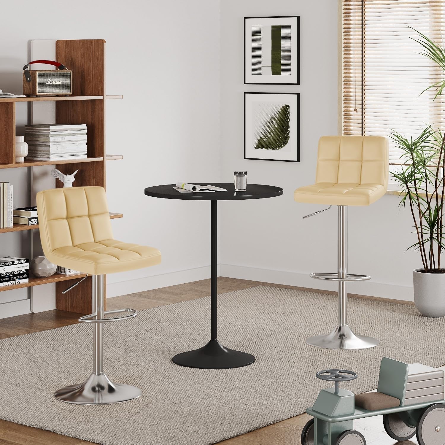 Bar Stools Modern Pu Leather Swivel Adjustable Hydraulic Bar Stool Square Counter Height Stool Set of 2 (Beige) ShipItFurniture