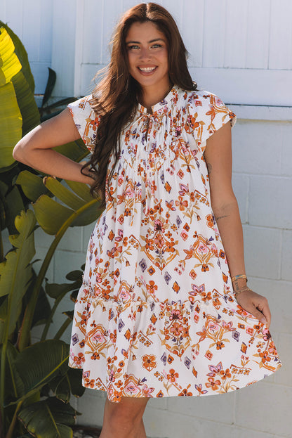 Marigold Floral Ruffled Trim Flutter Sleeve Dress
