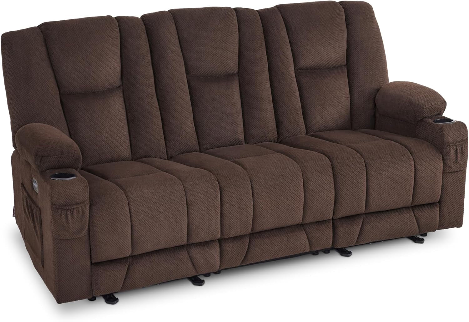 Power Reclining Sofa 3 Seat With Heat And Vibration Brown ShipItFurniture