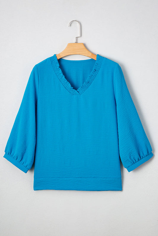 Clara V Neckline Crinkled Blouse Threaded Pear
